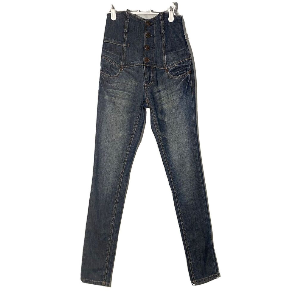 Super High Waist Skinny Jean ZCO Button Fly Women 0 Blue Denim Pocket Steampunk
